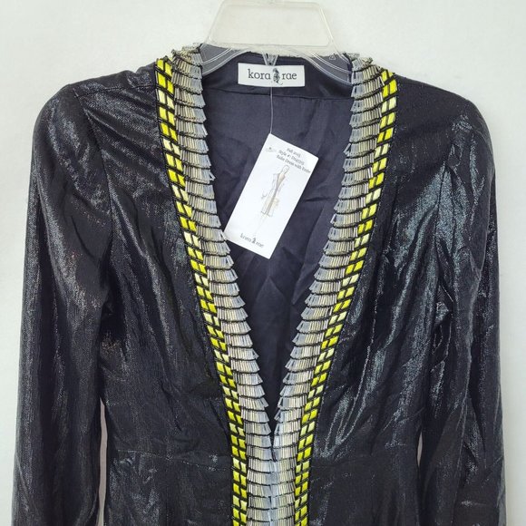 Kora Rae Robe Dress Womens S Embroidered Beaded Zip Front Long Sleeve Black Lame - Picture 4 of 12